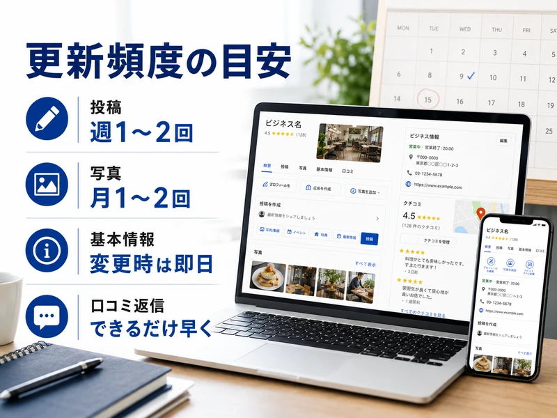 【MEO対策】Googleビジネスプロフィールの更新頻度は週1〜2回が目安!投稿・写真・基本情報のタイミングを解説